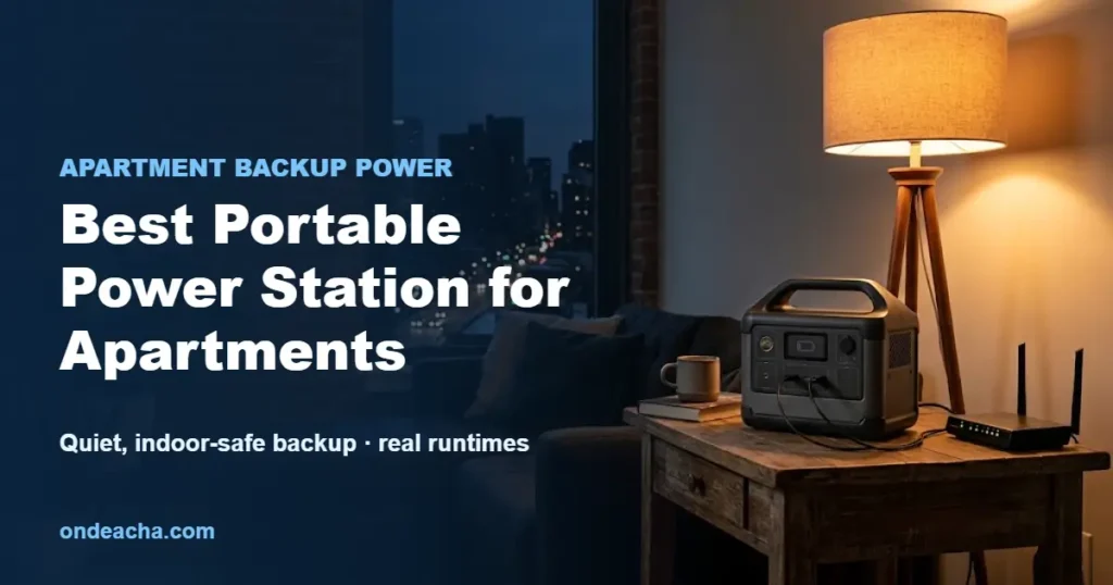Portable power station on a side table powering a lamp and Wi-Fi router in a city apartment during a power outage