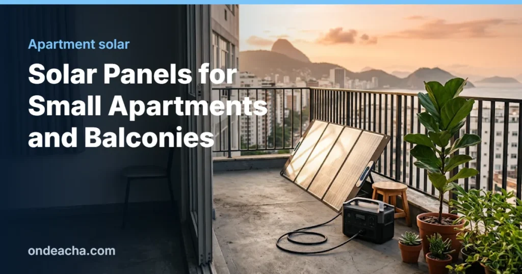 Folding portable solar panel on a city apartment balcony connected to a compact power station