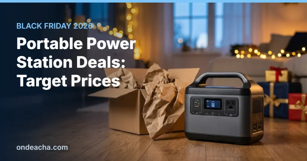 Unboxed portable power station on a living room floor with holiday lights, for Black Friday portable power station deals
