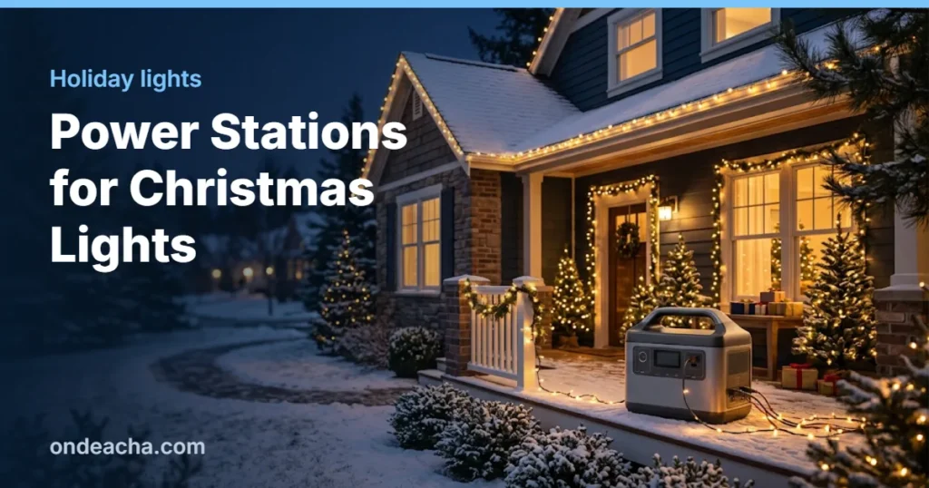 Suburban house decorated with Christmas lights powered by a portable power station on the porch in the snow