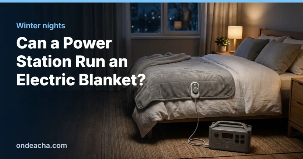 Bed with an electric blanket and a portable power station on the floor on a cold winter night