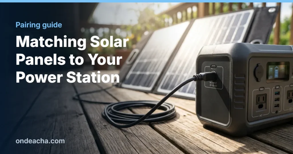 Solar panel cable plugged into the input port of a portable power station on a sunny wooden deck