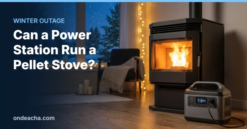 Pellet stove burning during a winter power outage with a portable power station plugged in beside it