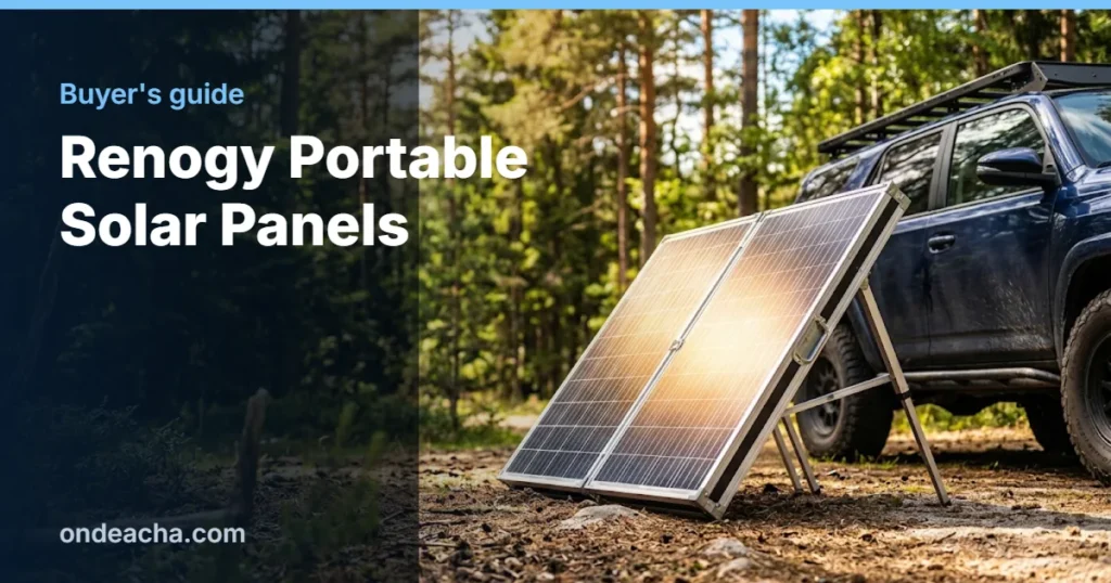 Suitcase-style folding solar panel on legs next to an off-road truck in a forest clearing