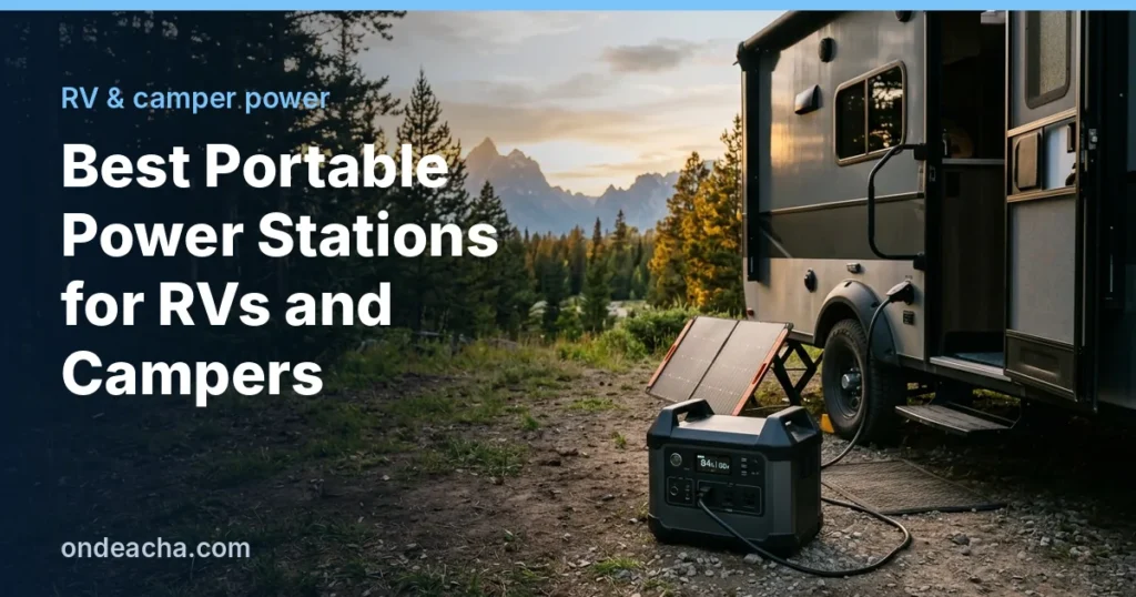 Portable power station plugged into a travel trailer RV at a mountain campsite with a folding solar panel
