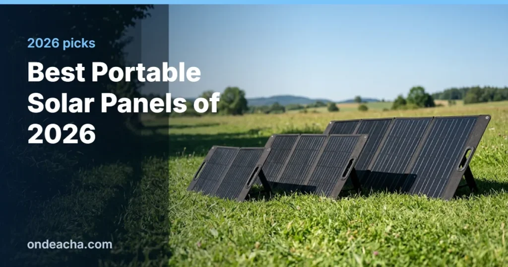 Three black folding portable solar panels unfolded on green grass in bright sunshine