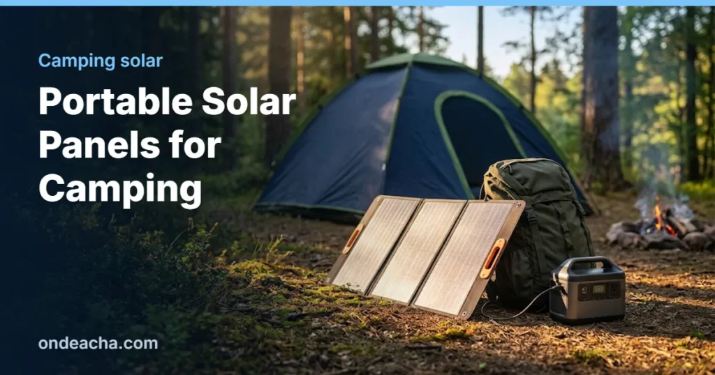 Folding portable solar panel charging a small power station at a forest campsite with a tent