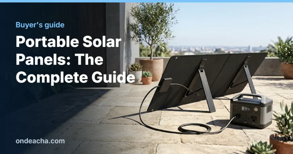 Folding portable solar panel on a sunny patio connected to a portable power station