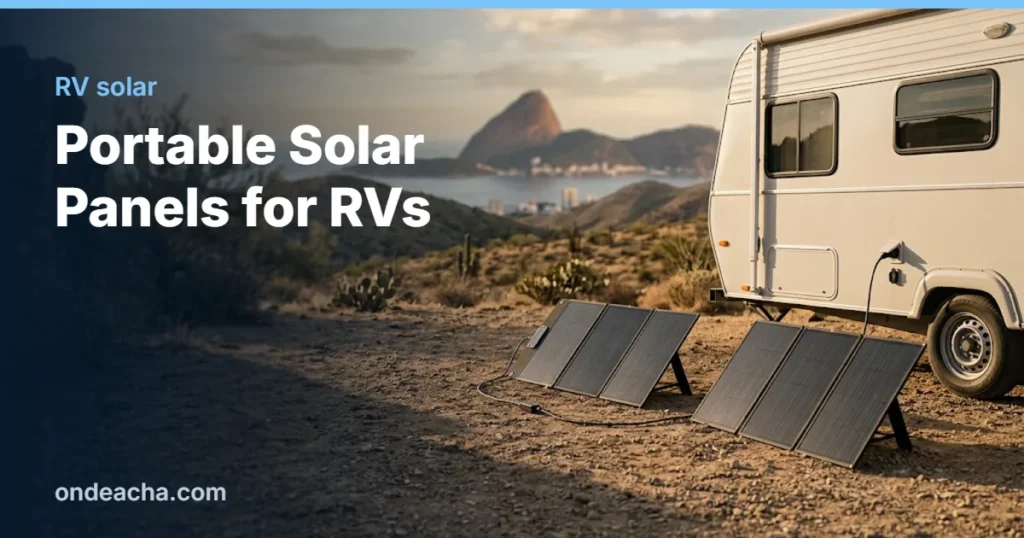 Two folding portable solar panels angled toward the sun beside a travel trailer in a desert campground