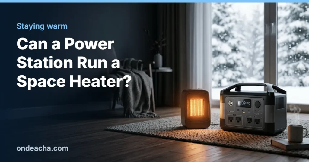Small ceramic space heater next to a portable power station in a cozy living room during a winter outage