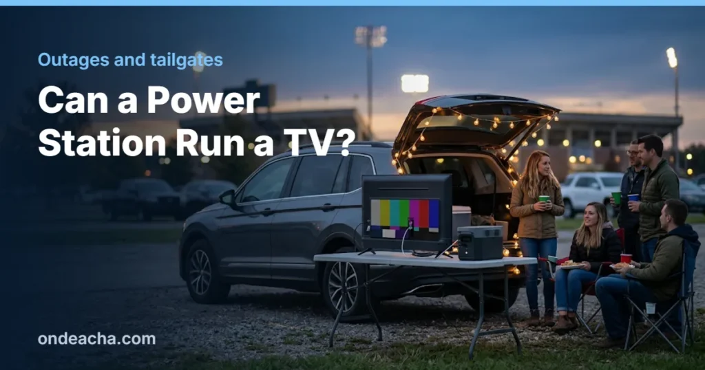 Flat screen TV at a tailgate party powered by a portable power station behind an SUV at dusk